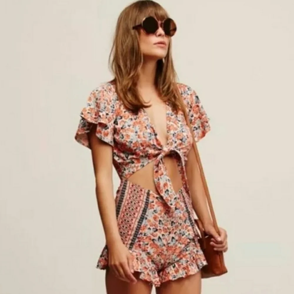 Free People Surf Date Floral Tie Romper Sz12 - Picture 1 of 9